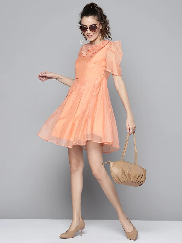 Women Peach Embroidered Collar Pleated Organza Dress