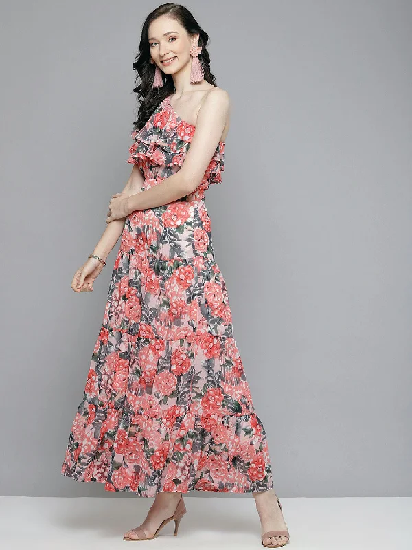 Women Peach Floral One Shoulder Maxi Dress