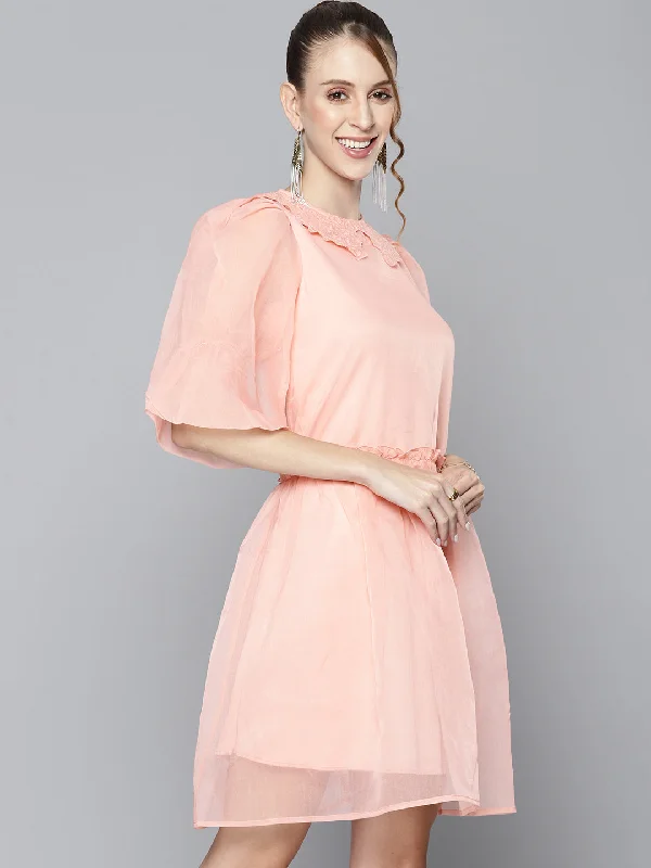 Women Pink Embroidered Collar Organza Dress