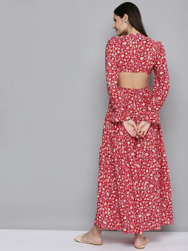 Women Red Ditsy Floral Waist Cut-Out Maxi Dress