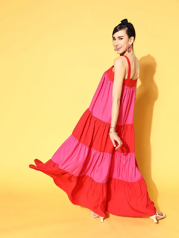 Women Red & Fuchsia ColourBlock Tiered Maxi Dress