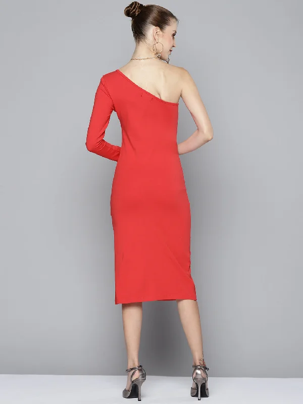 Women Red One Shoulder Bodycon Dress