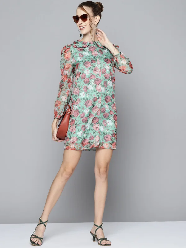 Women Sea Green Organza Floral Collar Neck Shirt Dress