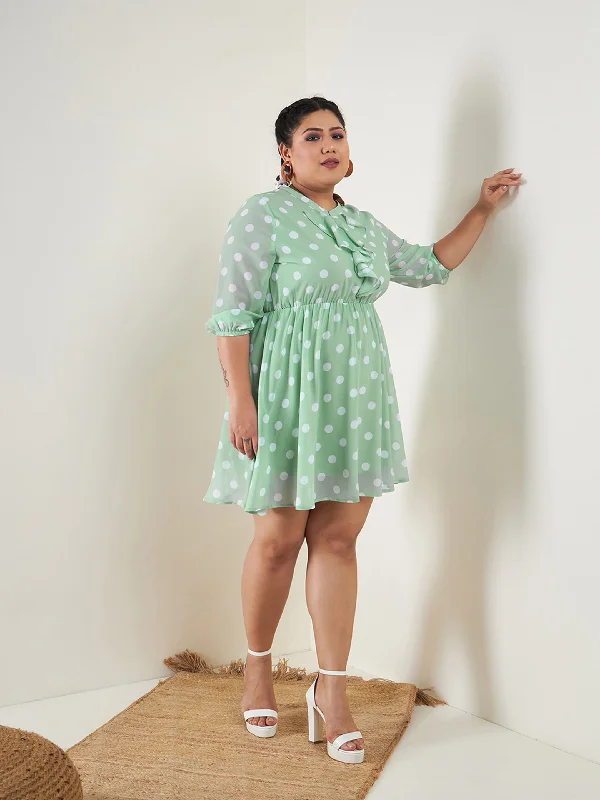 Women Sea Green Polka Dot Fit & Flare Ruffle Dress