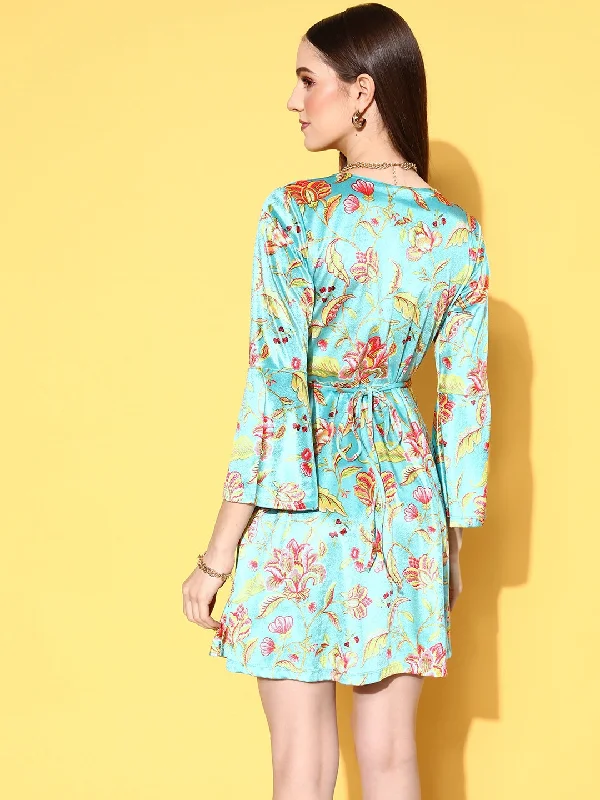 Women Turquoise Floral Velvet Wrap Skater Dress