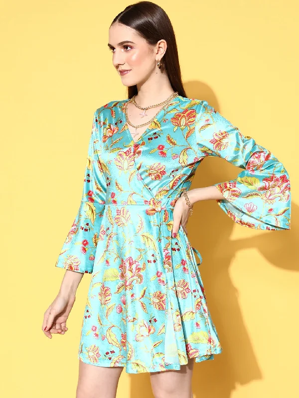 Women Turquoise Floral Velvet Wrap Skater Dress