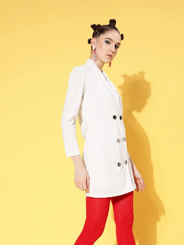 Women White Canton Double Breasted Blazer Dress