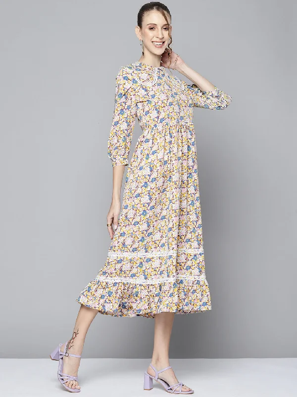 Women White Floral Big Collar Frill Hem Midi Dress