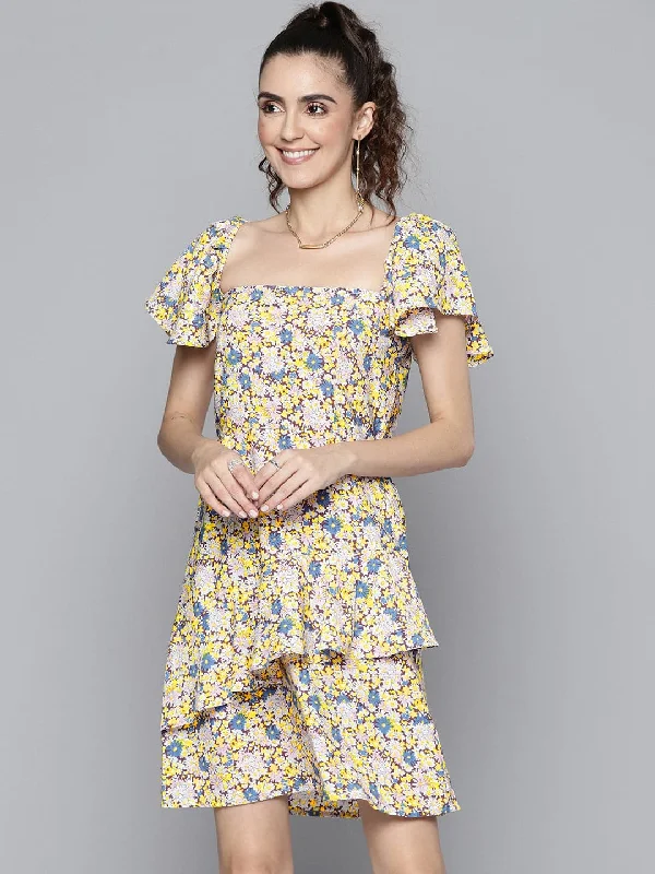 Women White Floral Square Neck Short Dress