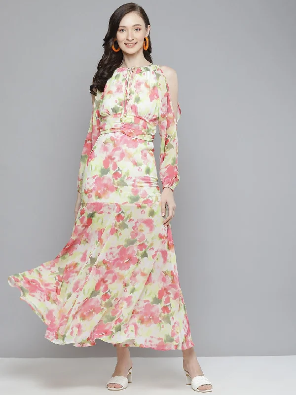 Women White & Pink Floral Cold Shoulder Maxi