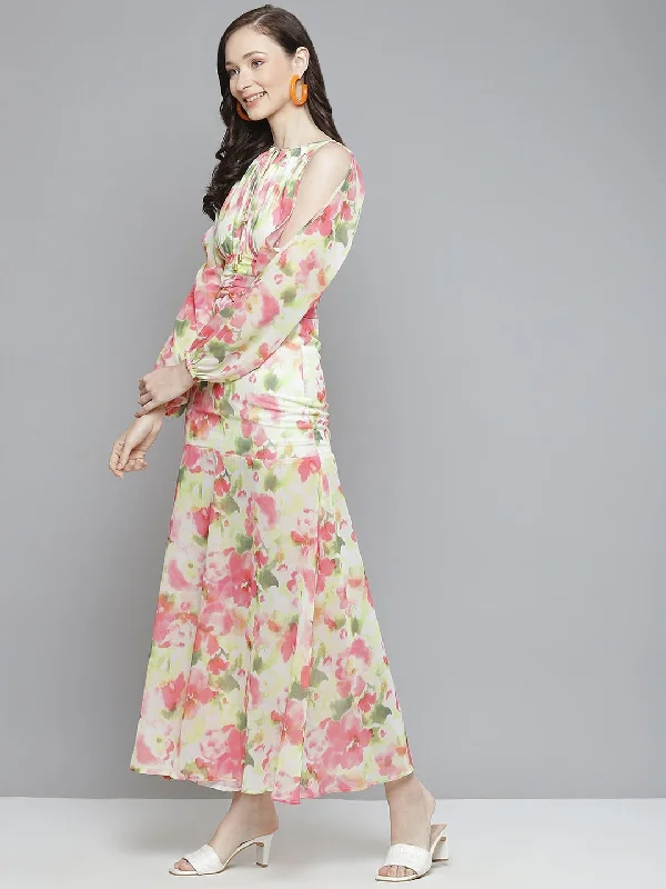 Women White & Pink Floral Cold Shoulder Maxi