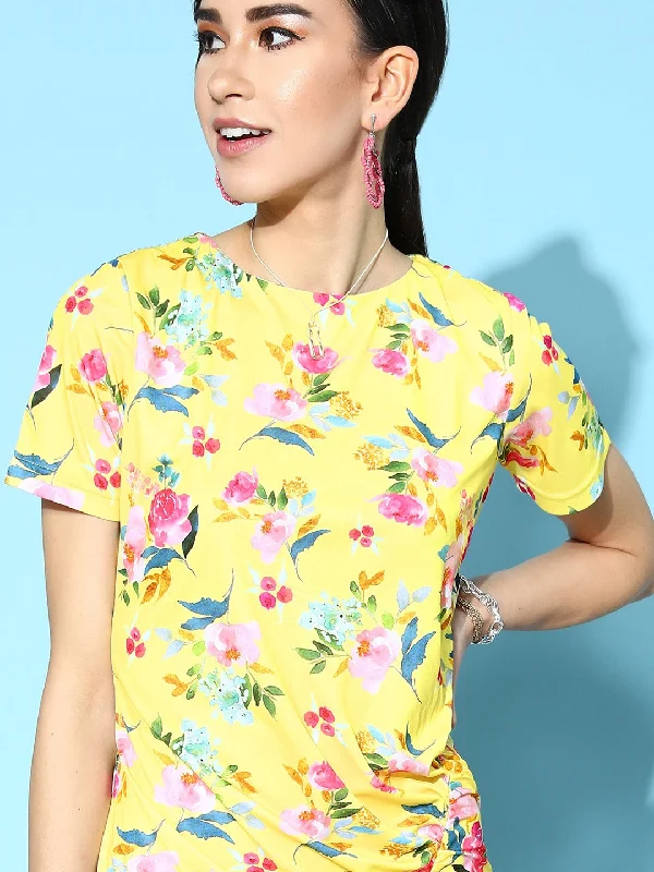 Women Yellow Floral Side Ruched Dress