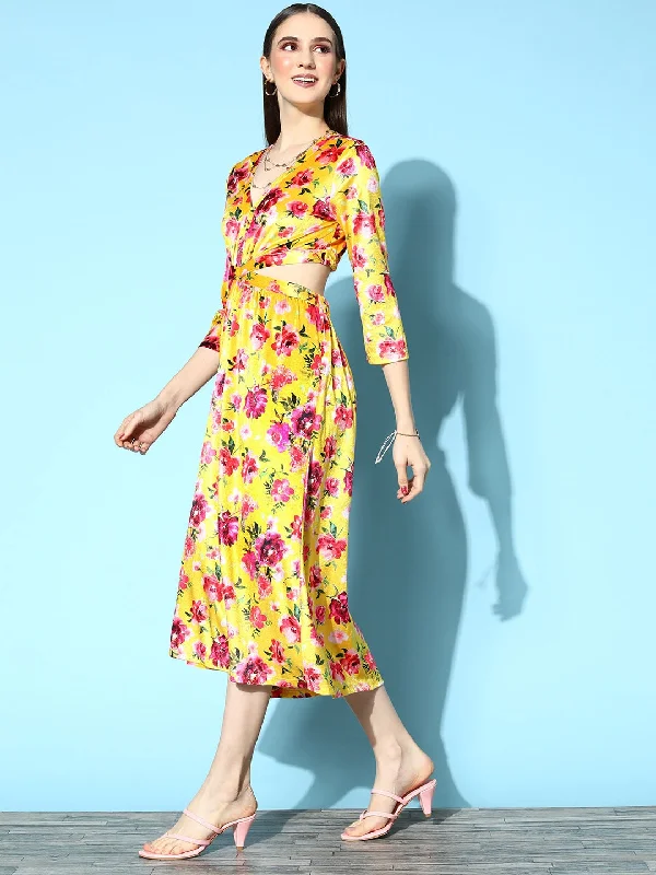 Women Yellow Floral Velvet Side Cut-Out Midi Dress