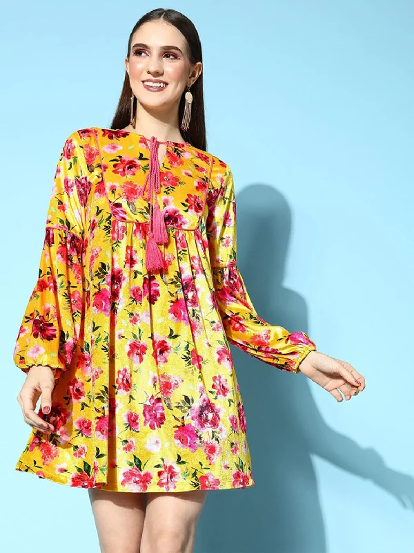 Women Yellow Floral Velvet Tie-Up Skater Dress