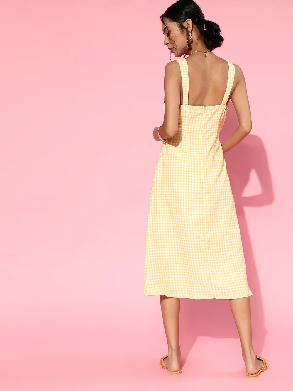 Women Yellow Gingham Check Waist-Bow Midi Dress