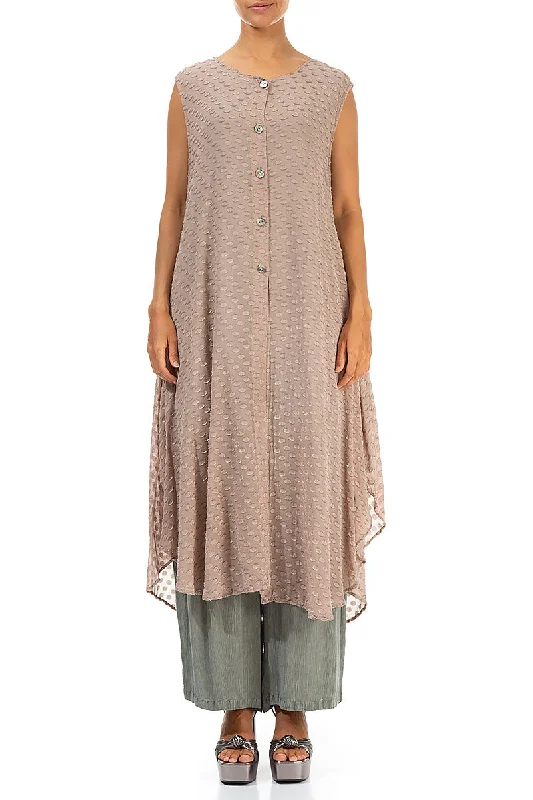 Buttoned Bubbly Pattern Beige Silk Tunic Dress