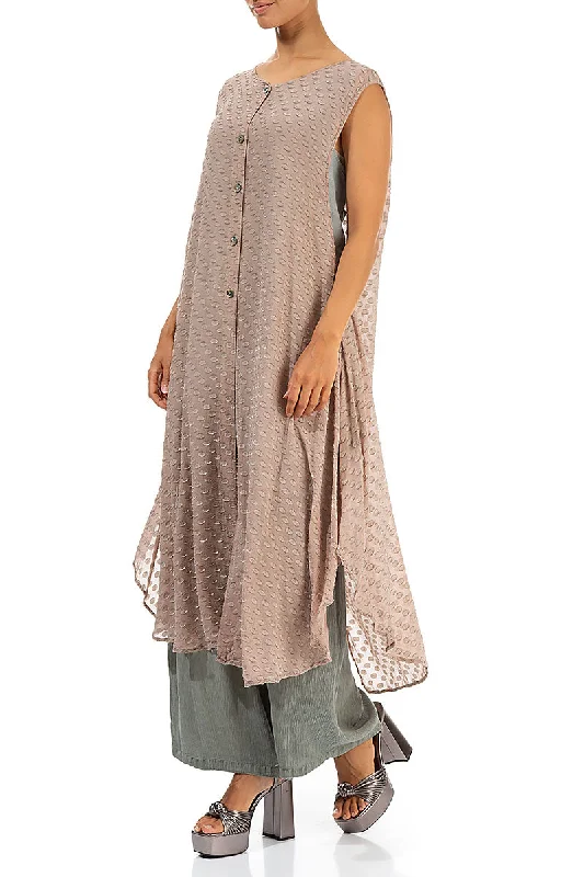 Buttoned Bubbly Pattern Beige Silk Tunic Dress