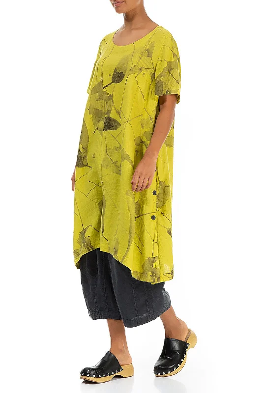 Buttoned Sides Cyber Lime Mirage Linen Tunic Dress