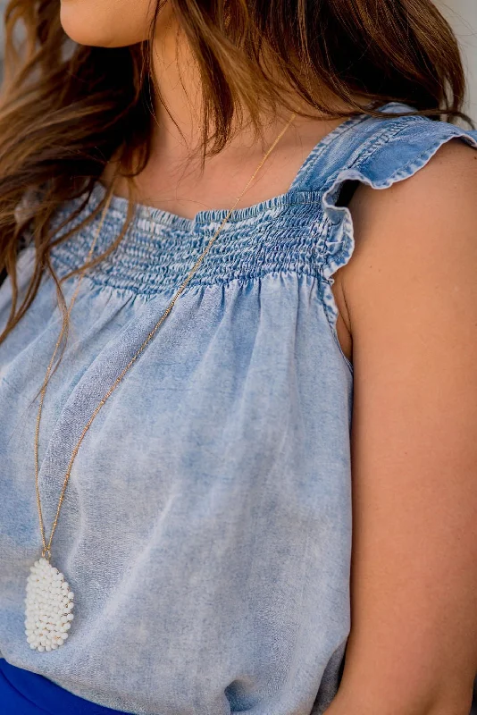 Cinched Ruffle Trim Denim Tank