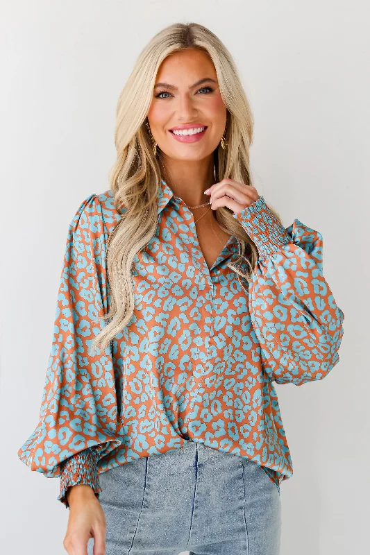 FINAL SALE - Instant Attraction Light Blue Satin Leopard Blouse