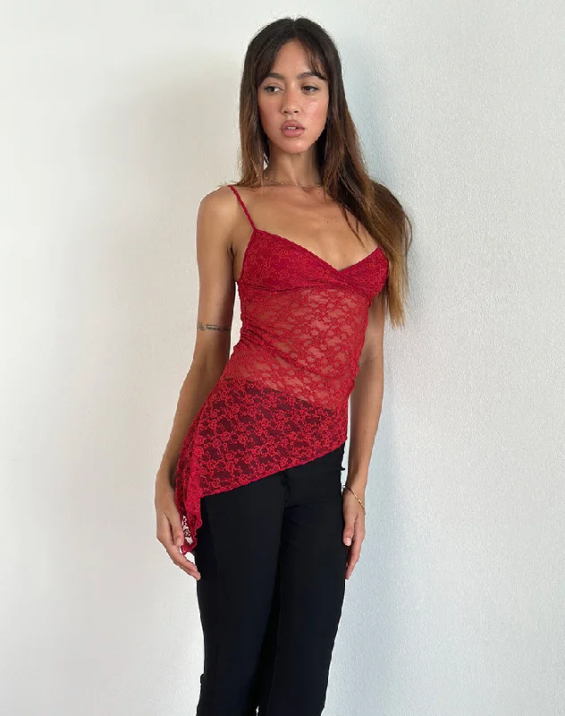 Kacha Asymmetric Cami Top in Red Mari Lace