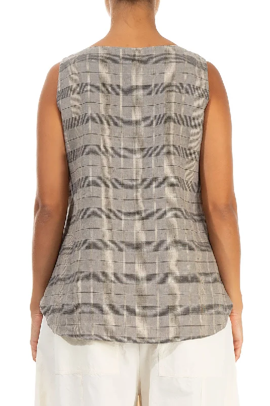 Sleeveless Greige Check Linen Blouse