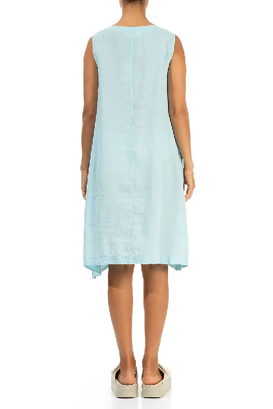 Sleeveless Buttoned Sides Ice Blue Linen Tunic Dress