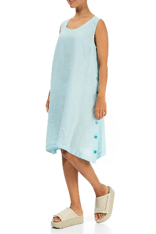 Sleeveless Buttoned Sides Ice Blue Linen Tunic Dress