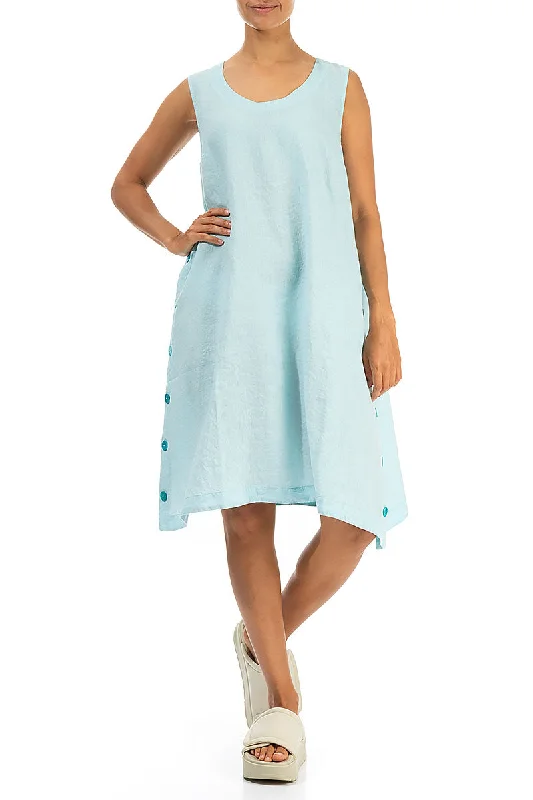 Sleeveless Buttoned Sides Ice Blue Linen Tunic Dress