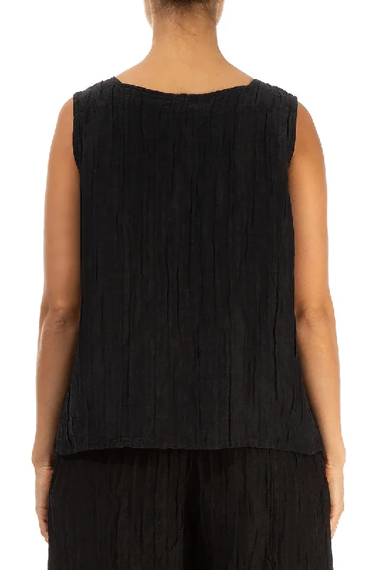 Square Neck Crinkled Black Silk Linen Blouse