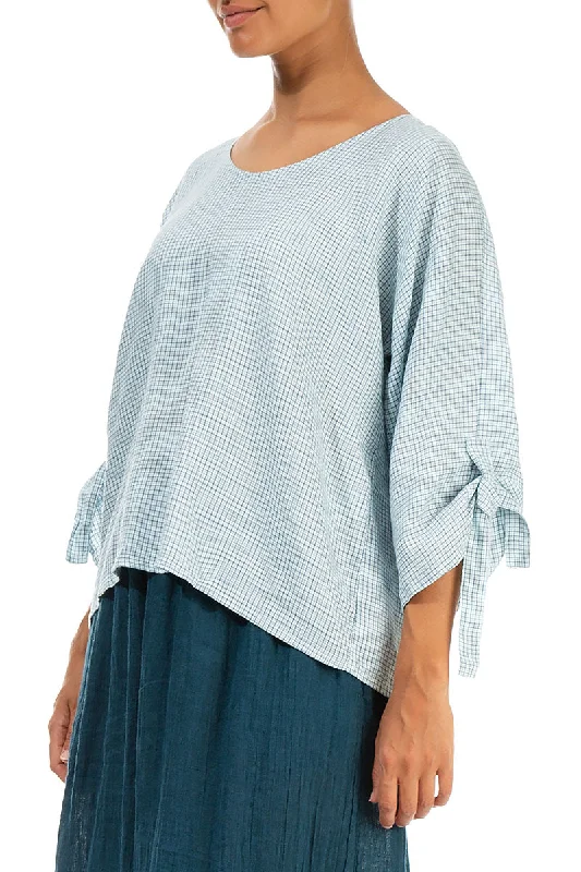 Tie Up Sleeves Blue Check Linen Blouse