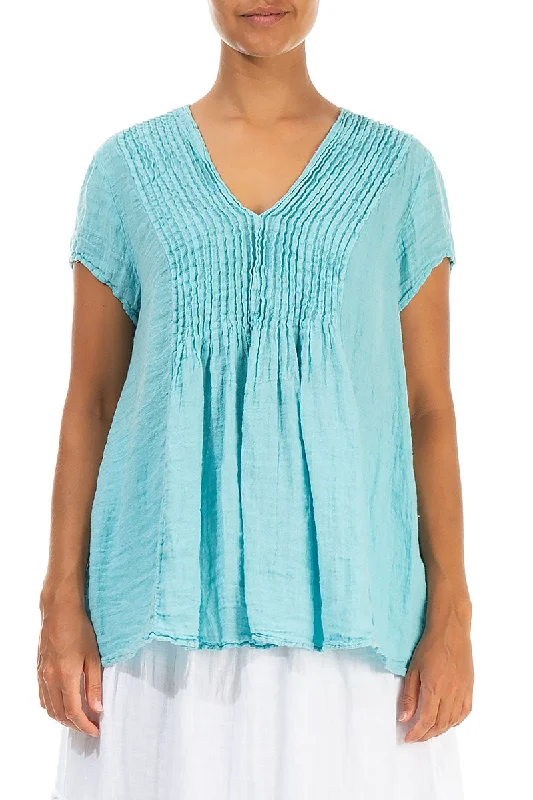 V-Neck Ice Blue Linen Blouse