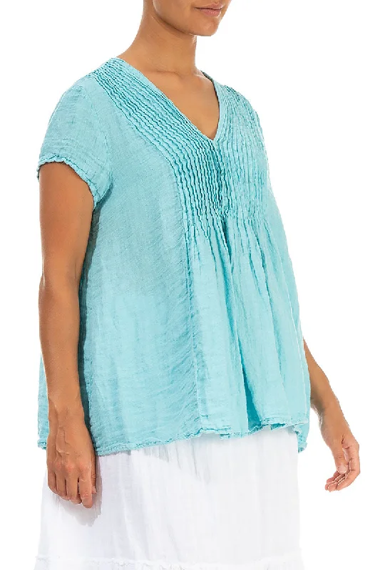 V-Neck Ice Blue Linen Blouse