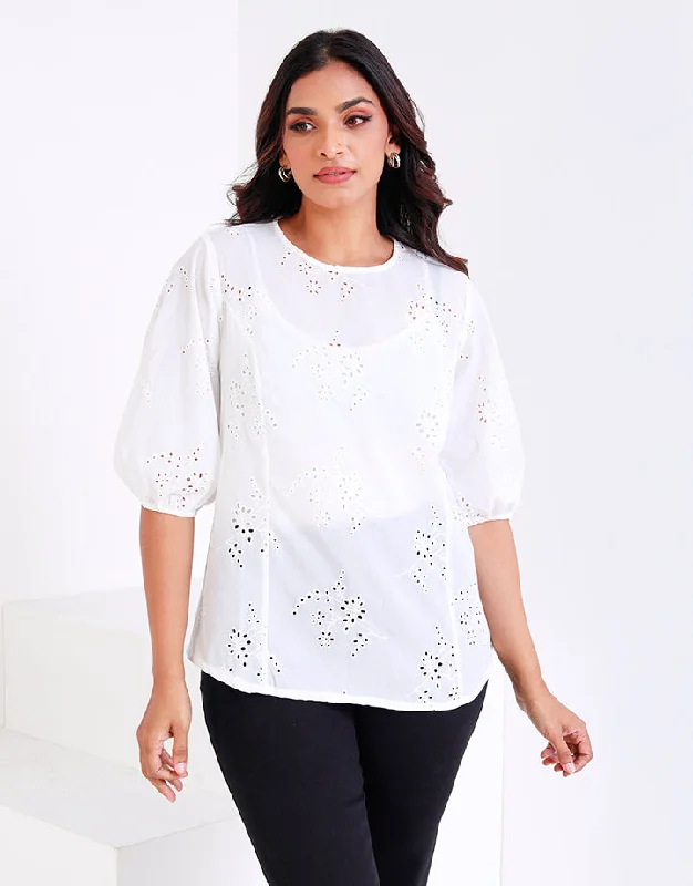 White Cut Lawn Top with Puff Sleeves