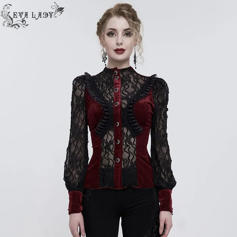 Women's Gothic Double Color Puff Sleeved Ruffled Lace Shirt