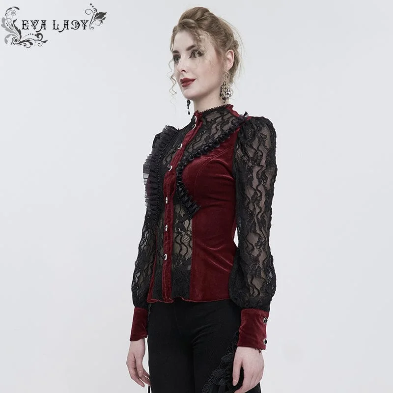 Women's Gothic Double Color Puff Sleeved Ruffled Lace Shirt