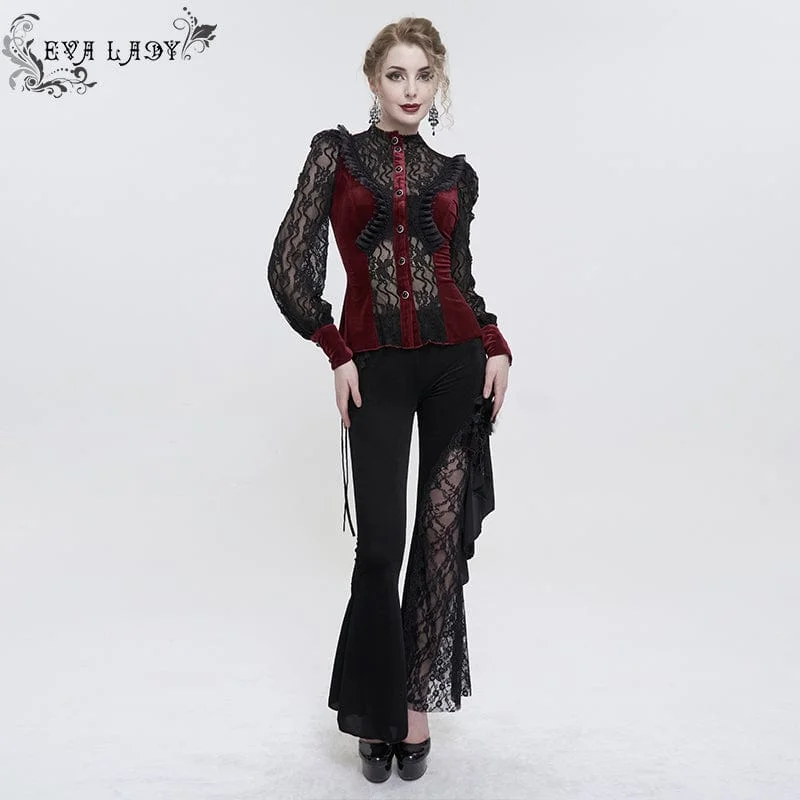 Women's Gothic Double Color Puff Sleeved Ruffled Lace Shirt