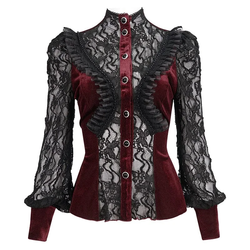 Women's Gothic Double Color Puff Sleeved Ruffled Lace Shirt