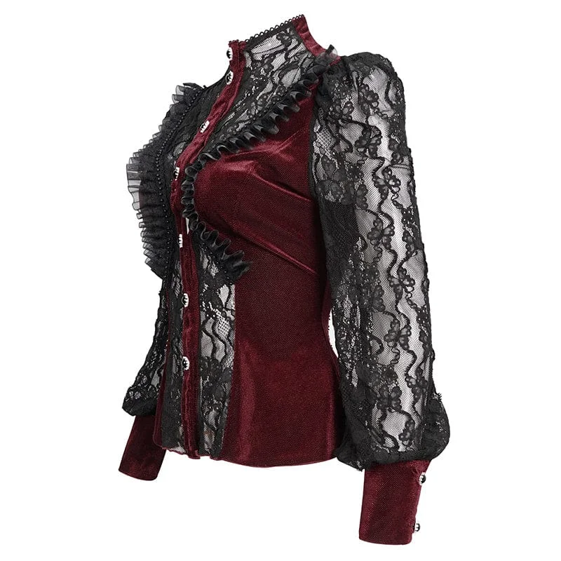 Women's Gothic Double Color Puff Sleeved Ruffled Lace Shirt