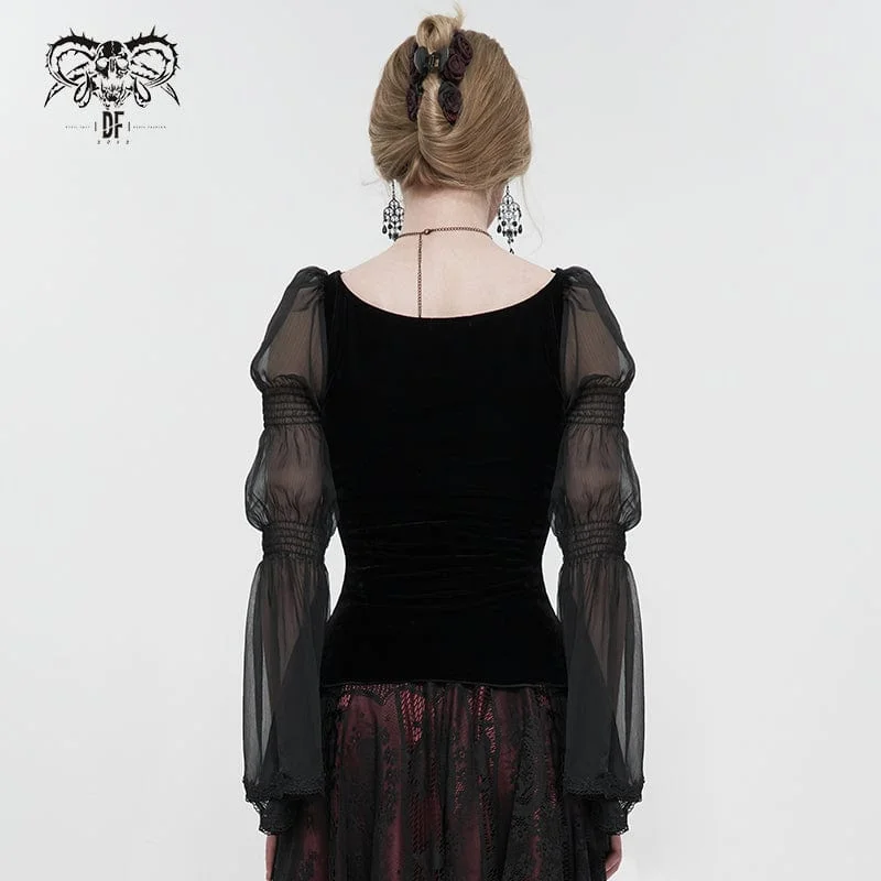 Women's Gothic Flared Sleeved Floral Embroidered Shirt