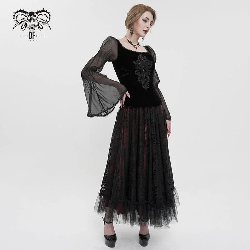 Women's Gothic Flared Sleeved Floral Embroidered Shirt