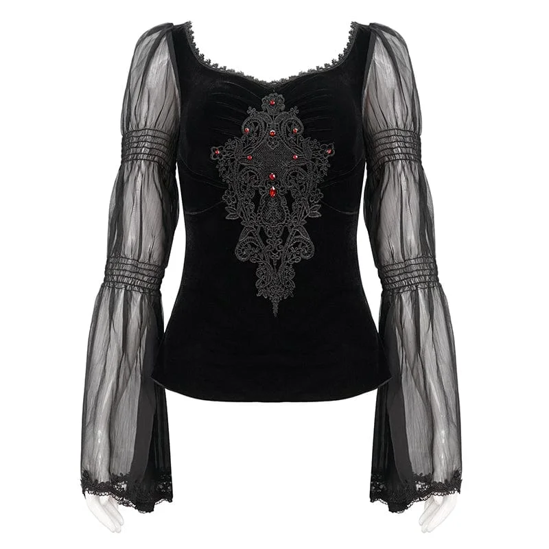 Women's Gothic Flared Sleeved Floral Embroidered Shirt