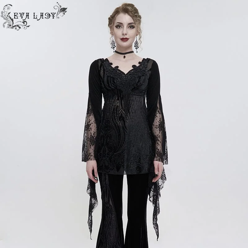 Women's Gothic Flared Sleeved Lace Splice Beaded Shirt