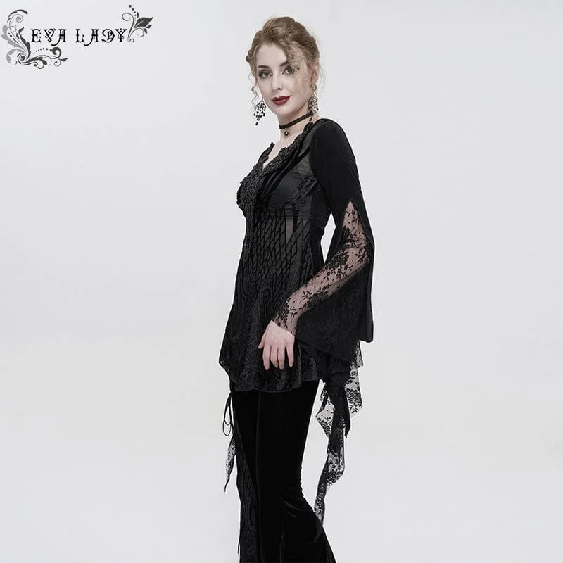 Women's Gothic Flared Sleeved Lace Splice Beaded Shirt