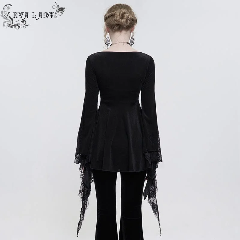 Women's Gothic Flared Sleeved Lace Splice Beaded Shirt