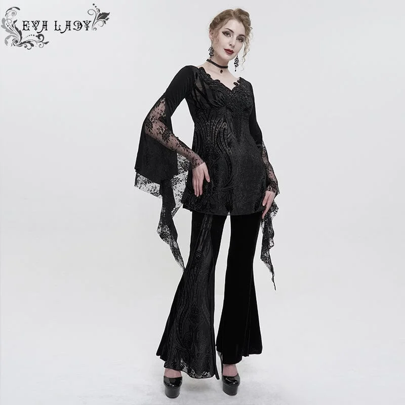 Women's Gothic Flared Sleeved Lace Splice Beaded Shirt