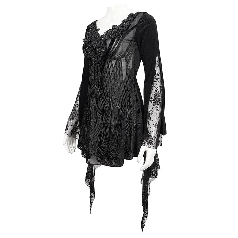 Women's Gothic Flared Sleeved Lace Splice Beaded Shirt