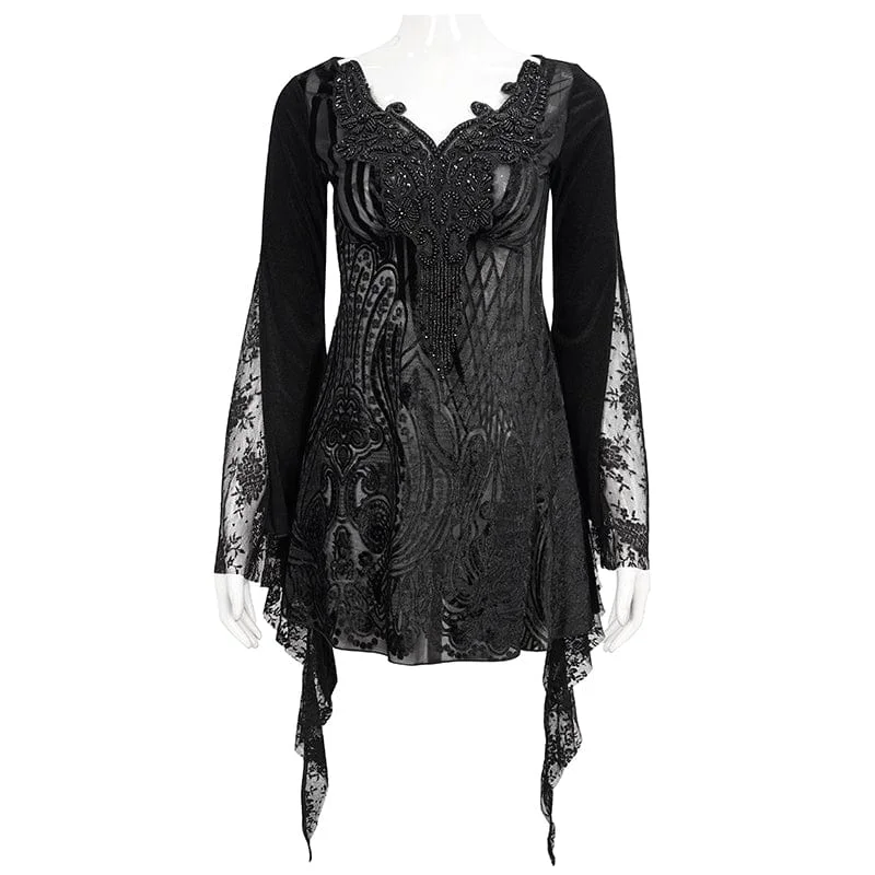 Women's Gothic Flared Sleeved Lace Splice Beaded Shirt