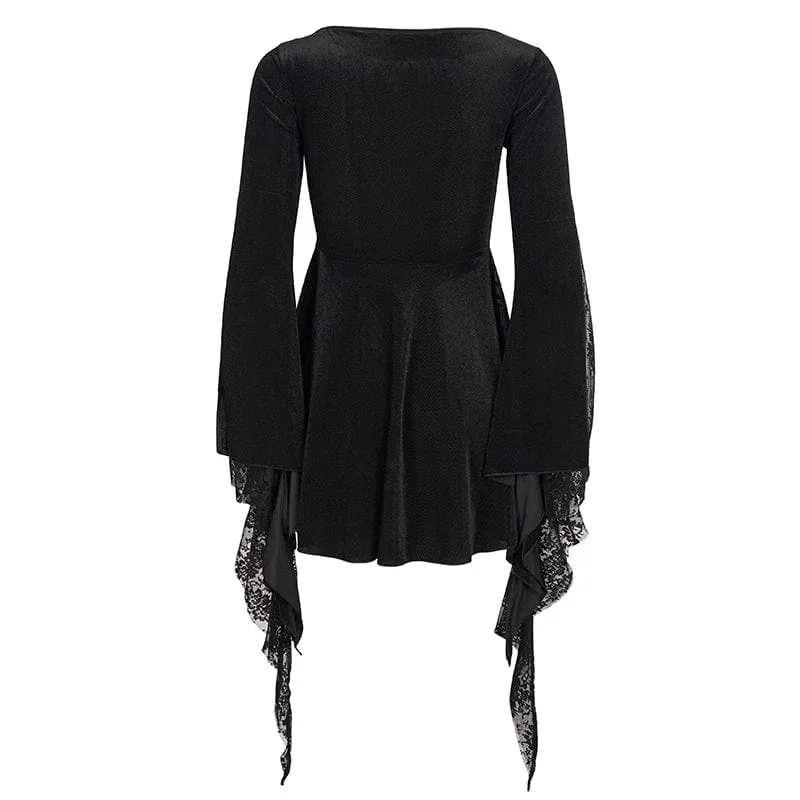 Women's Gothic Flared Sleeved Lace Splice Beaded Shirt