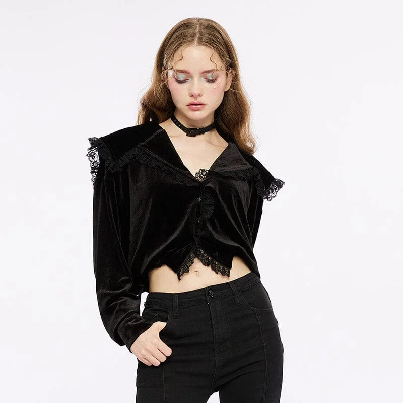 Women's Gothic Plunging Lace Splice Velvet Shirt